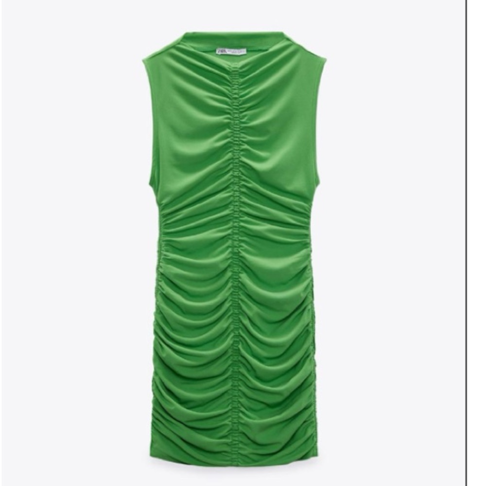 Zara Green Mini Sheath Dress with Ruched Pleats and Mock Neck